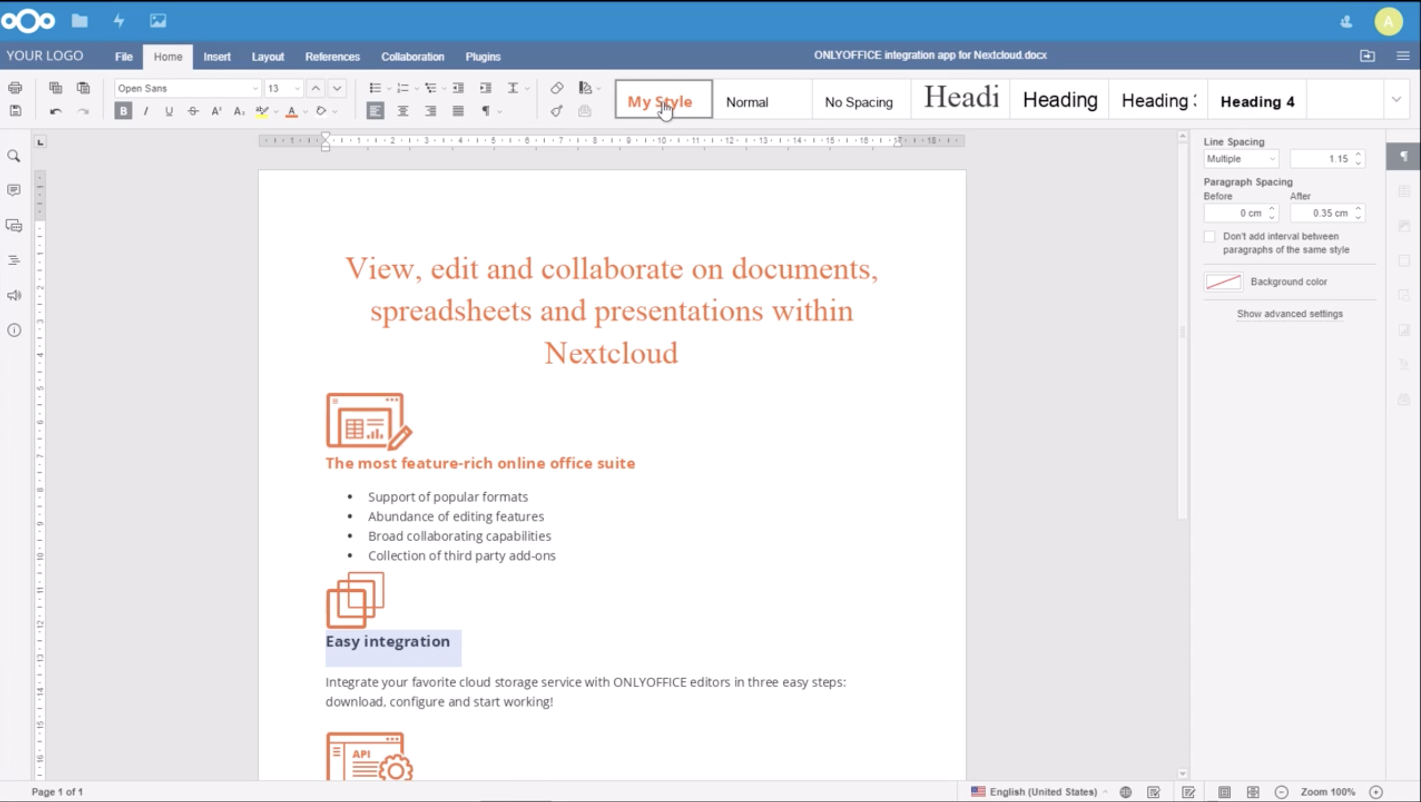 Vue de l'éditeur de texte OnlyOffice pour Nextcloud