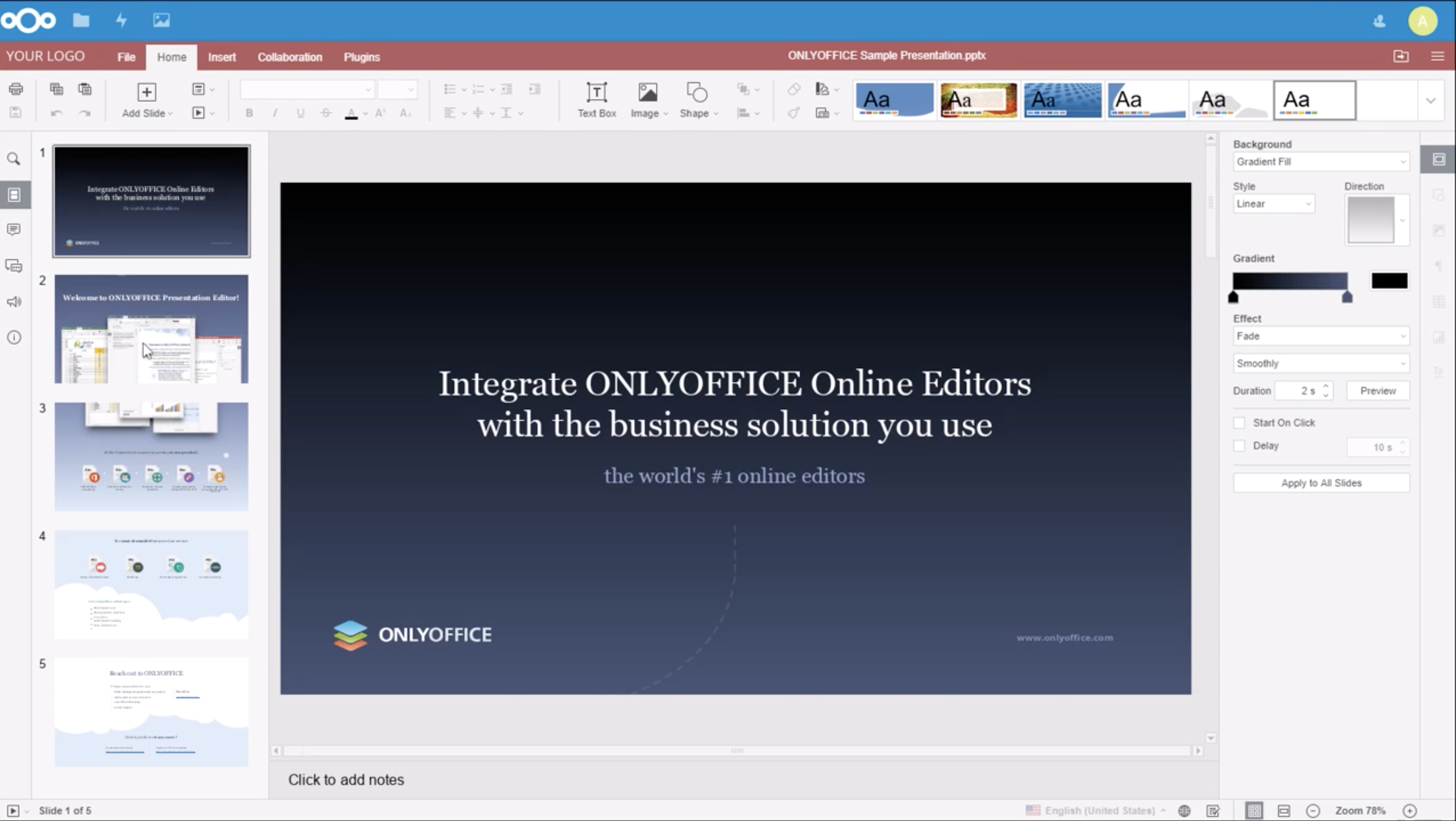 Vue de présentations OnlyOffice pour Nextcloud